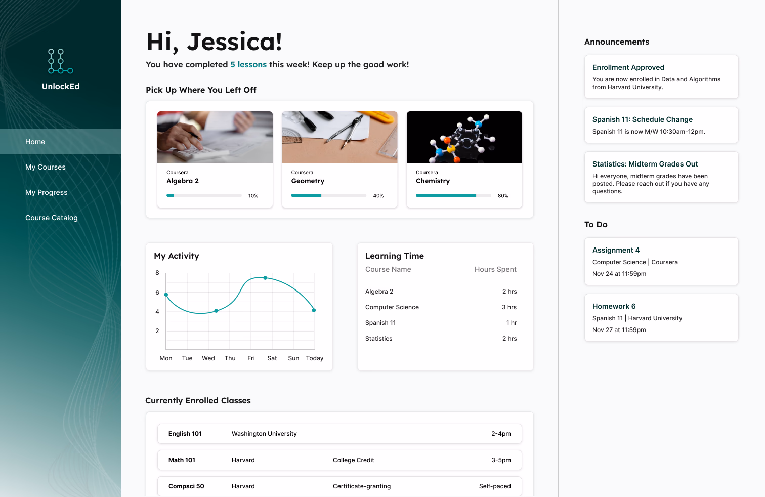 UnlockEd home page dashboard